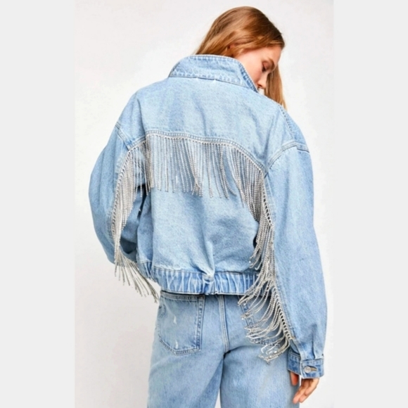 LAST ONE! Free People Rhinestone Fringe Denim Bomber Jacket Meteor Wash - Picture 6 of 15